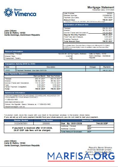 Downloadable Dominican Republic Banco Vimenca bank mortgage statement scr sample